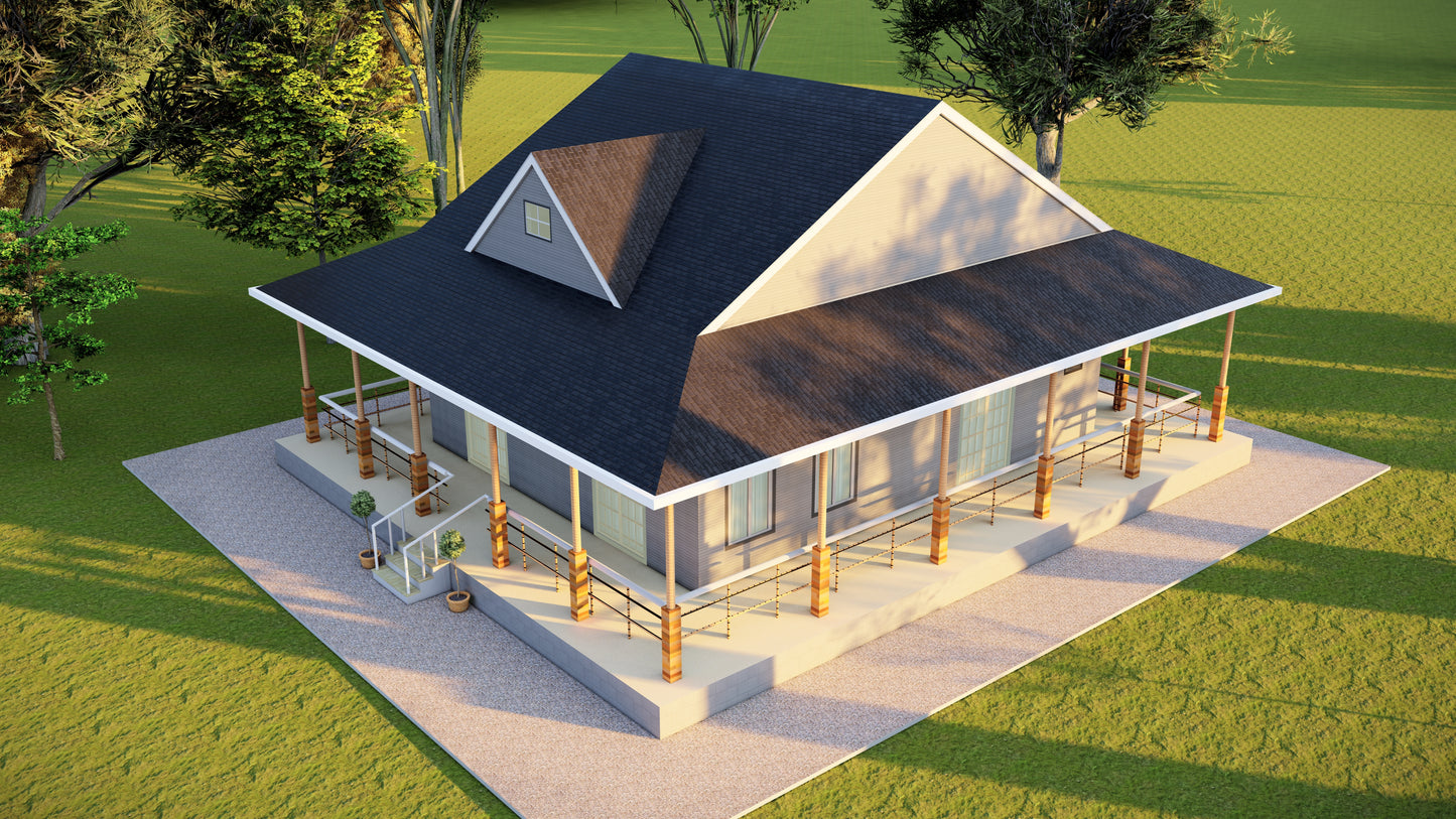 Blueprints - 2-Bedroom House with Wrap-Around Porch – Floor Plan, Electrical Plan, Elevations, Roof Plan, Foundation Plan, and in Depth Details
