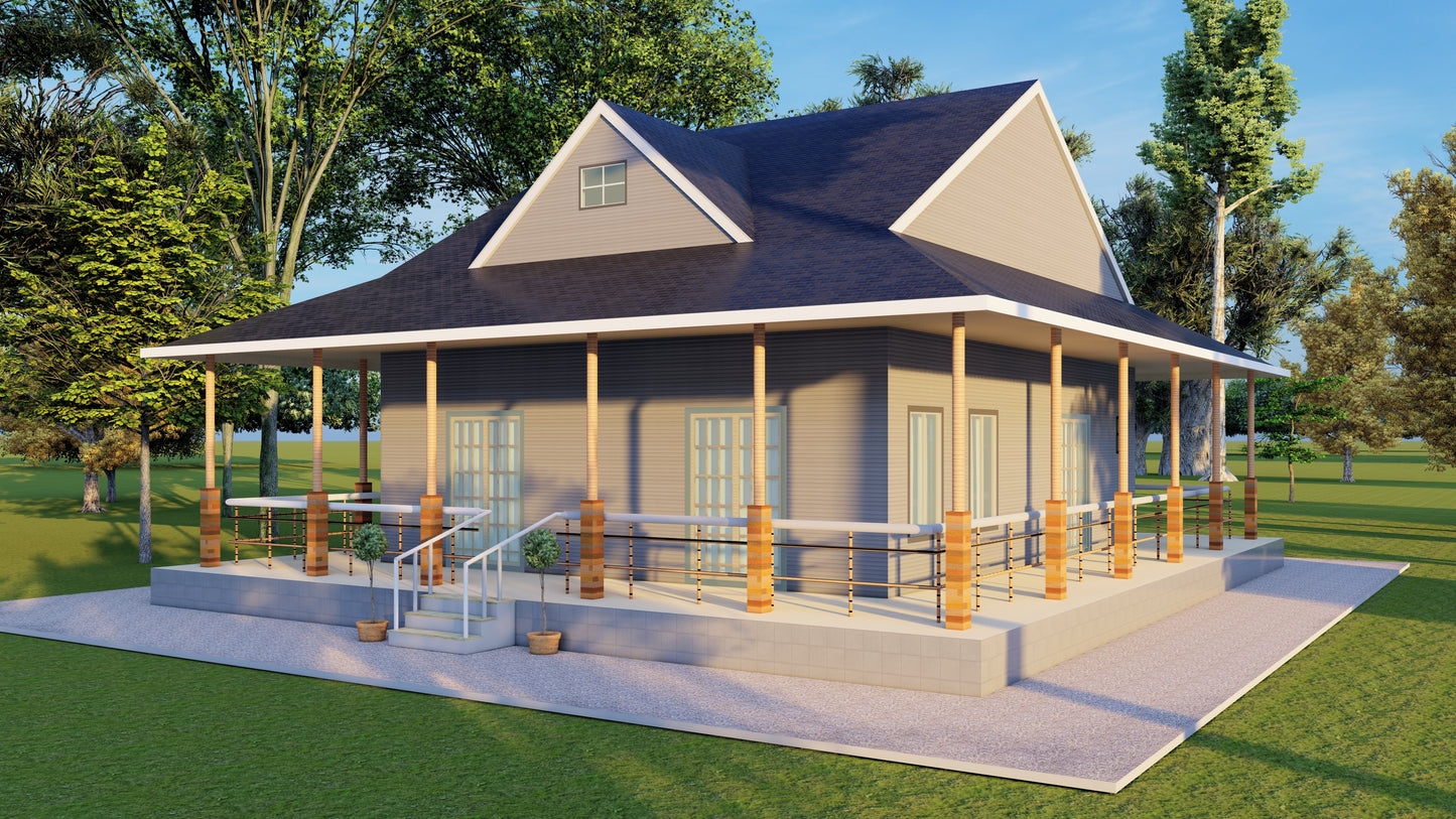 Blueprints - 2-Bedroom House with Wrap-Around Porch – Floor Plan, Electrical Plan, Elevations, Roof Plan, Foundation Plan, and in Depth Details