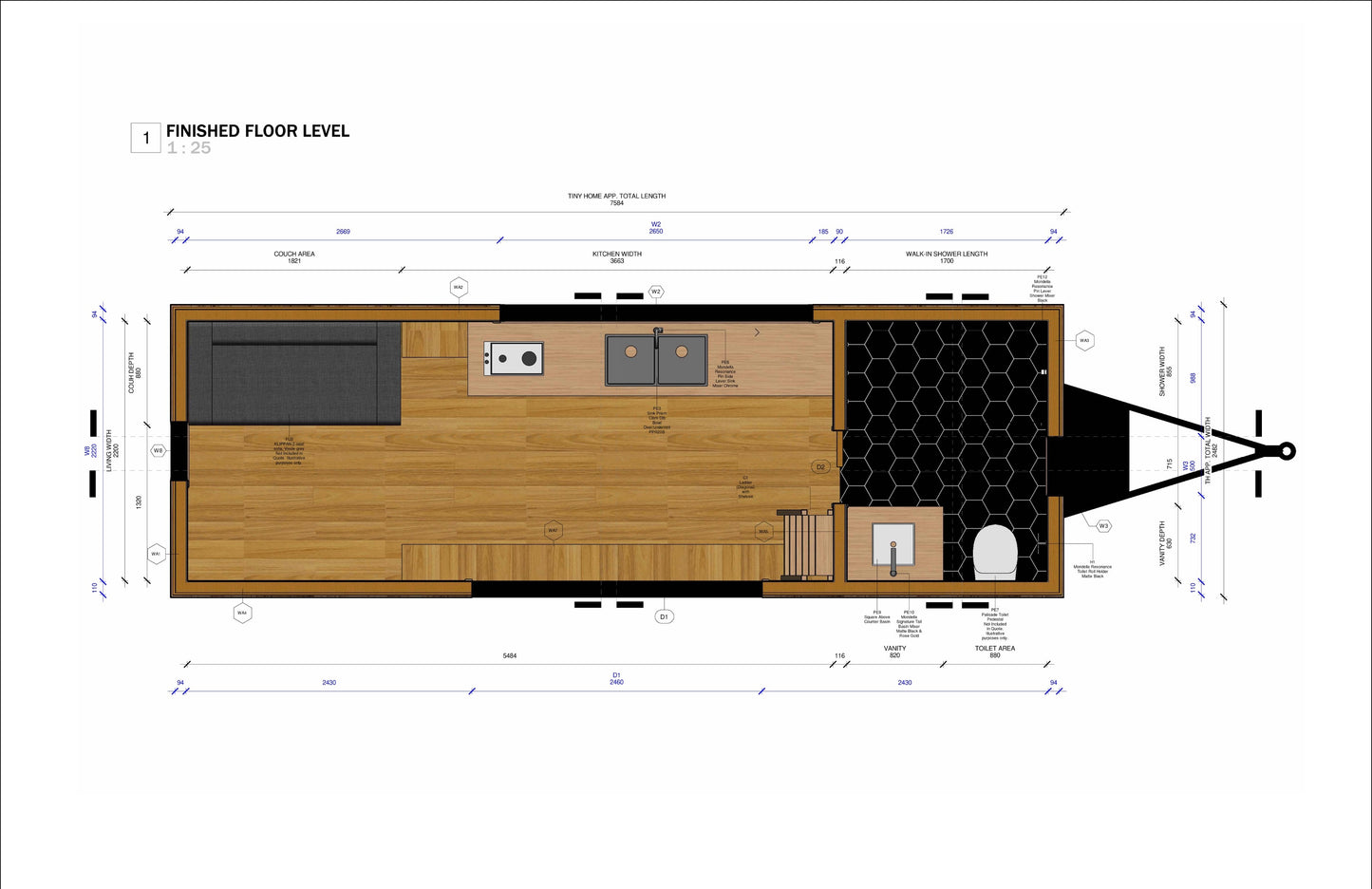 Building Plans Tiny Home Small House 25' x 7'4"" Mobile Home lifestyle - 233sqft Area Living Space