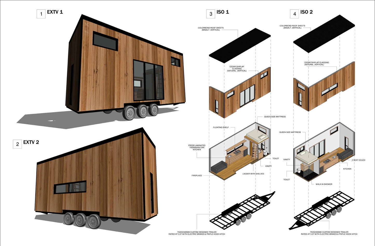Building Plans Tiny Home Small House 25' x 7'4"" Mobile Home lifestyle - 233sqft Area Living Space