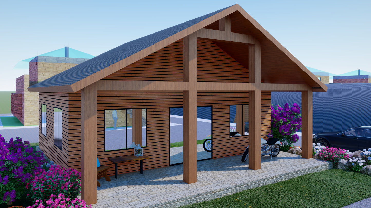 Charming 952 sqft Tiny Studio Cabin Plans Open Concept with Kitchen, Living Area, and Washroom