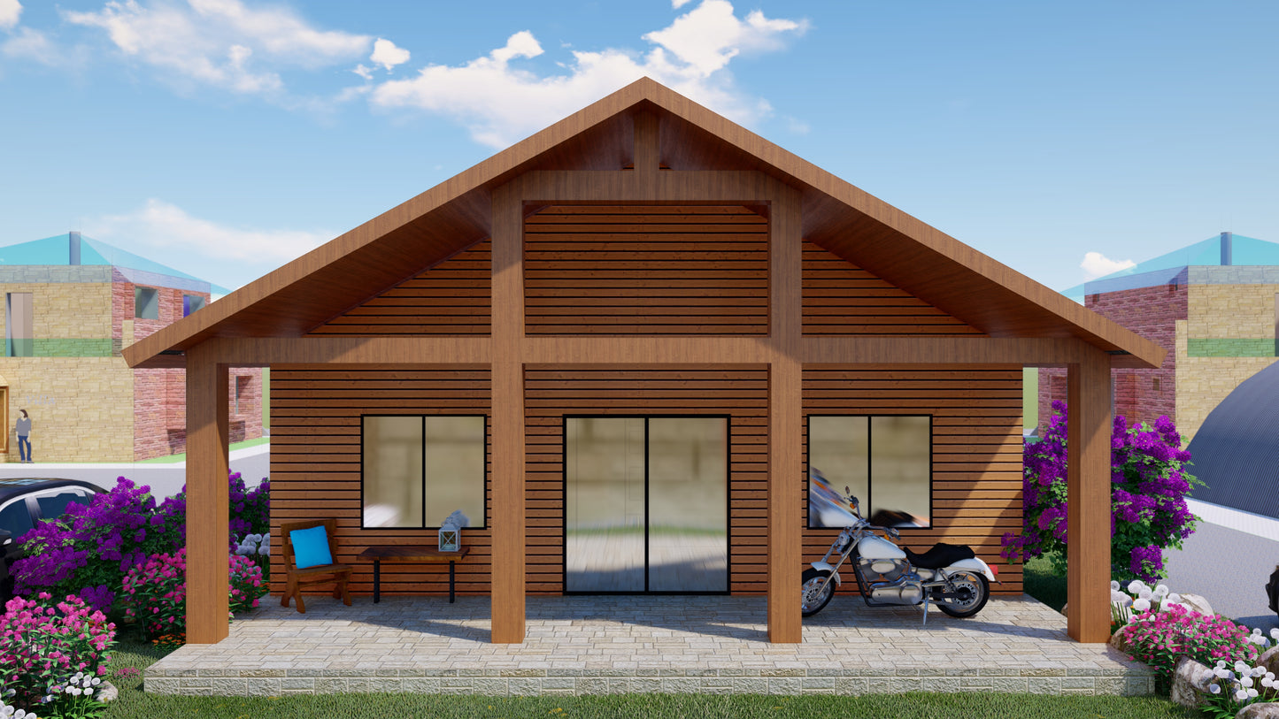 Charming 952 sqft Tiny Studio Cabin Plans Open Concept with Kitchen, Living Area, and Washroom