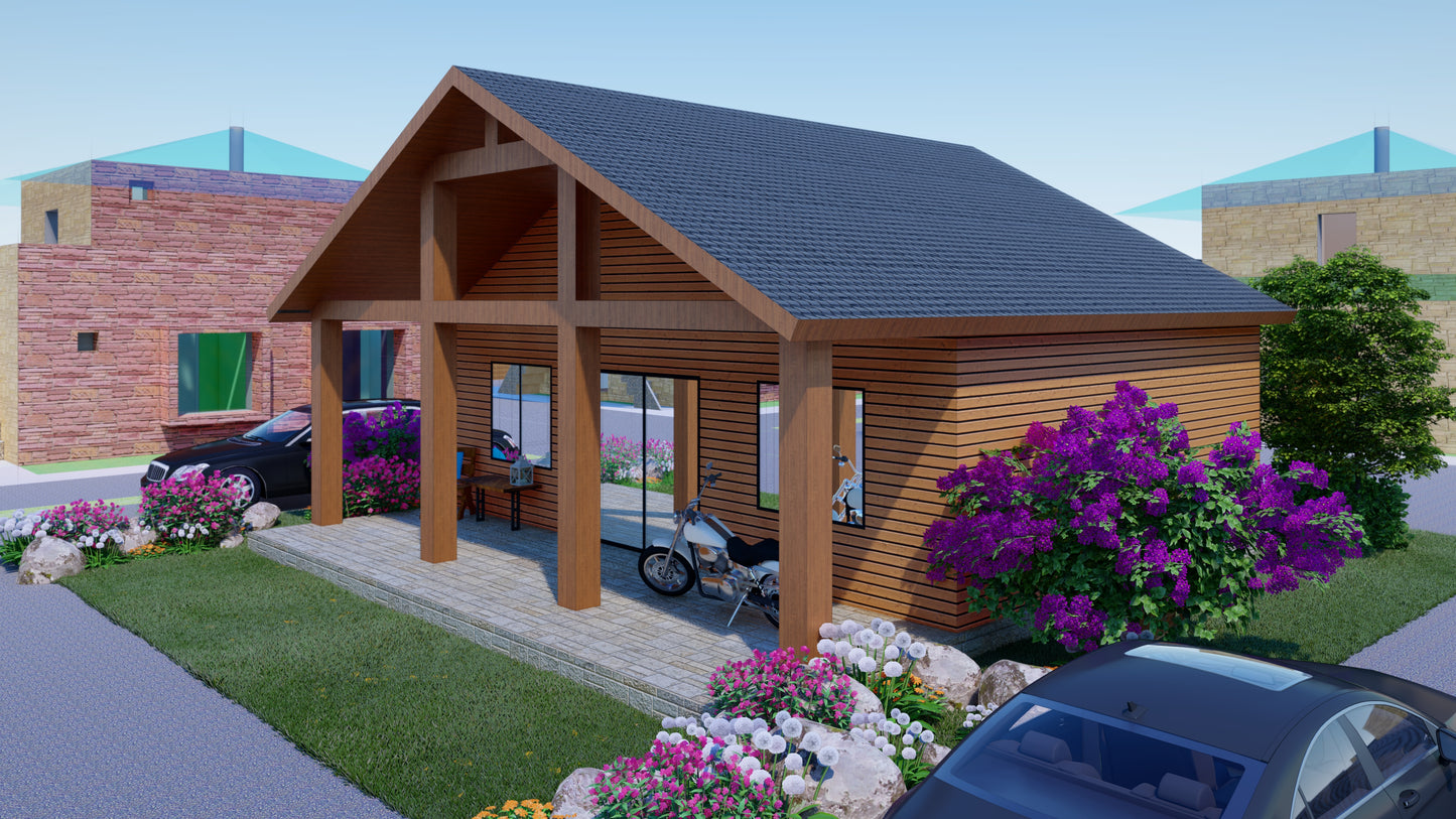 Charming 952 sqft Tiny Studio Cabin Plans Open Concept with Kitchen, Living Area, and Washroom