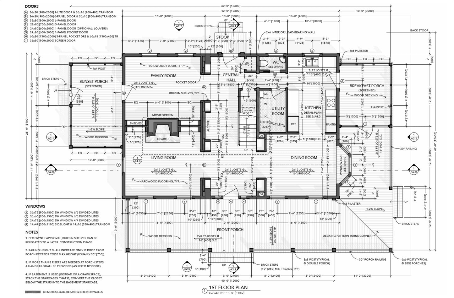 Detailed Farmhouse Plans 42' x 28' – Includes 3 Bedrooms, Kitchen, Living, Family, 3 Baths