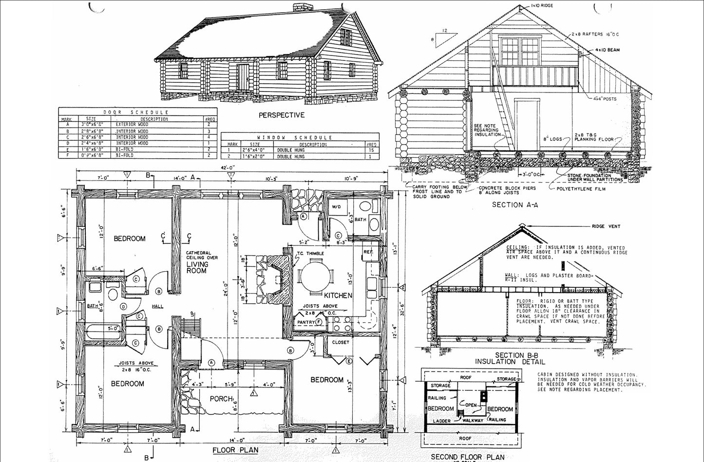 42'x33' Log Cabin Plans – 5 Bedrooms, 2 Baths, Fireplace, Comprehensive Blueprints