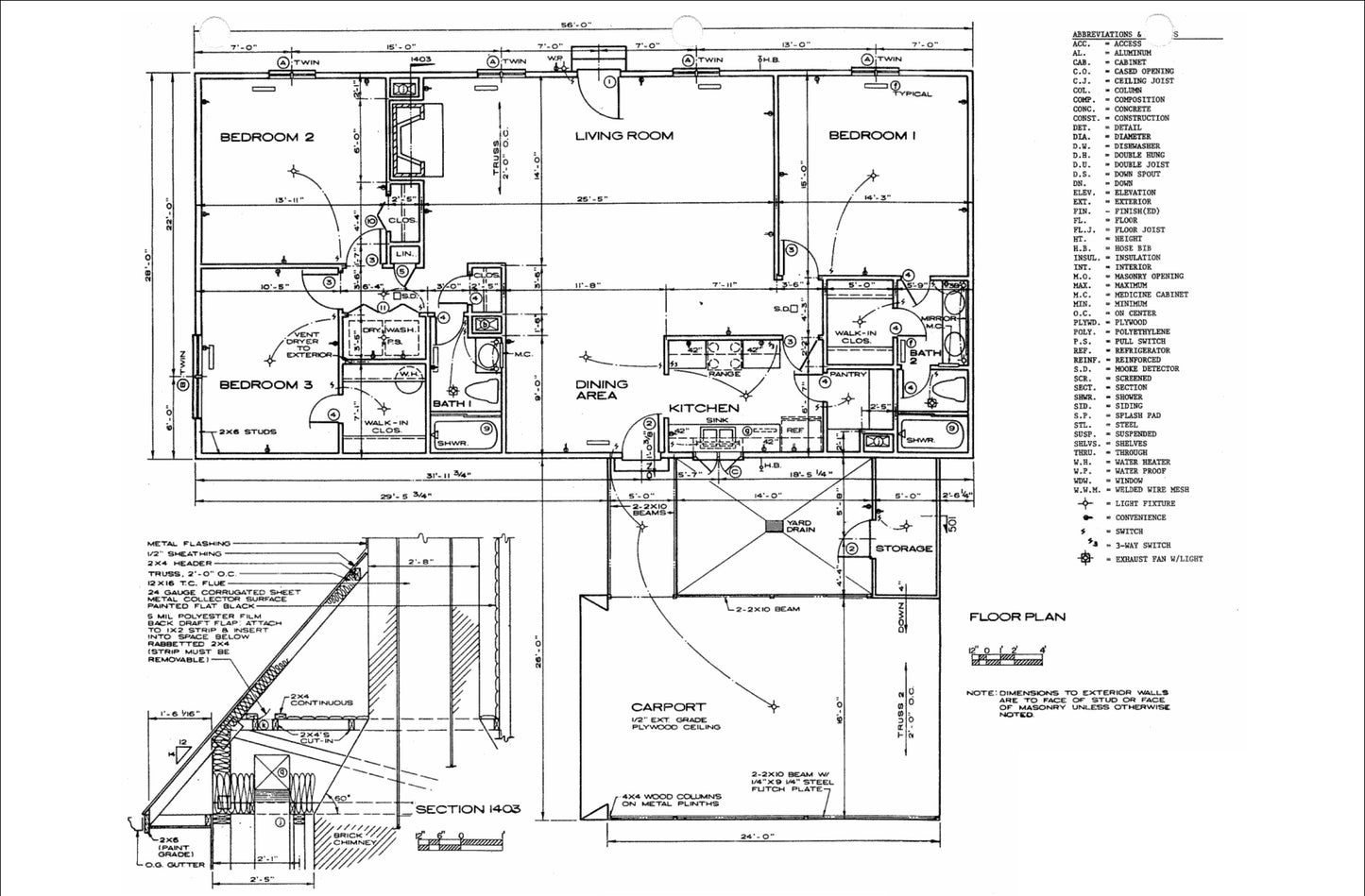 Sustainable Solar Energy Home Plans - 3 Bedrooms, Skylights, Carport, Construction Details