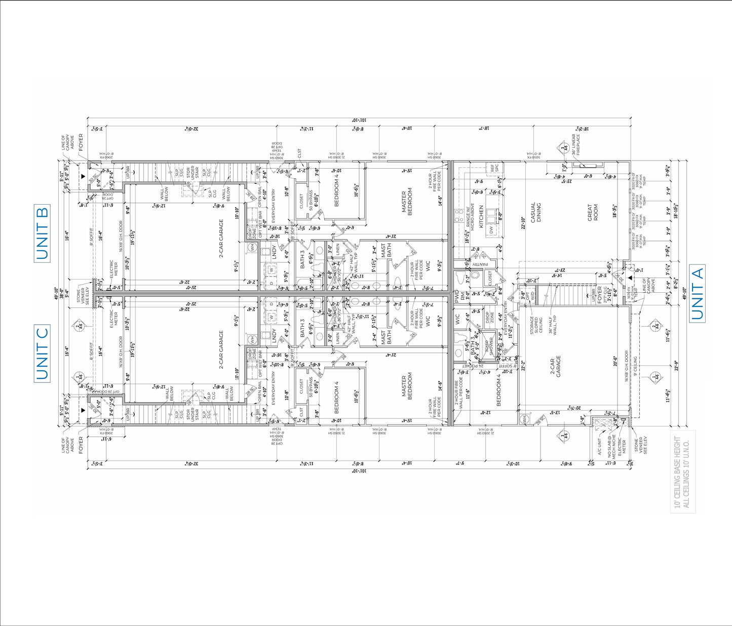 Three-Unit Town Home Building Plans – 4 Beds/4 Baths per Unit – Unit A 1199sqft & Unit B/C 1015sqft – Floor Plans, Elevations, and More