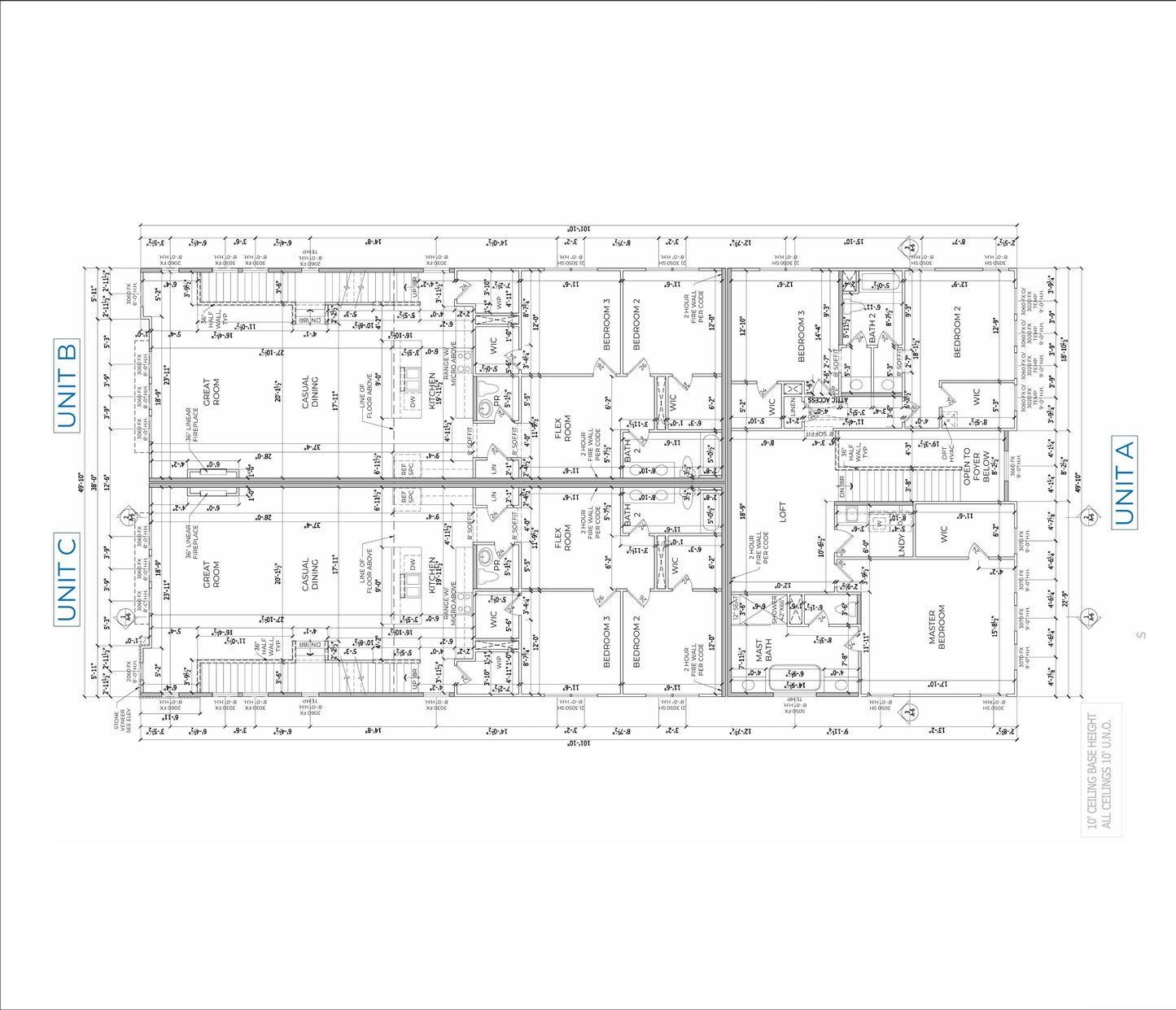 Three-Unit Town Home Building Plans – 4 Beds/4 Baths per Unit – Unit A 1199sqft & Unit B/C 1015sqft – Floor Plans, Elevations, and More
