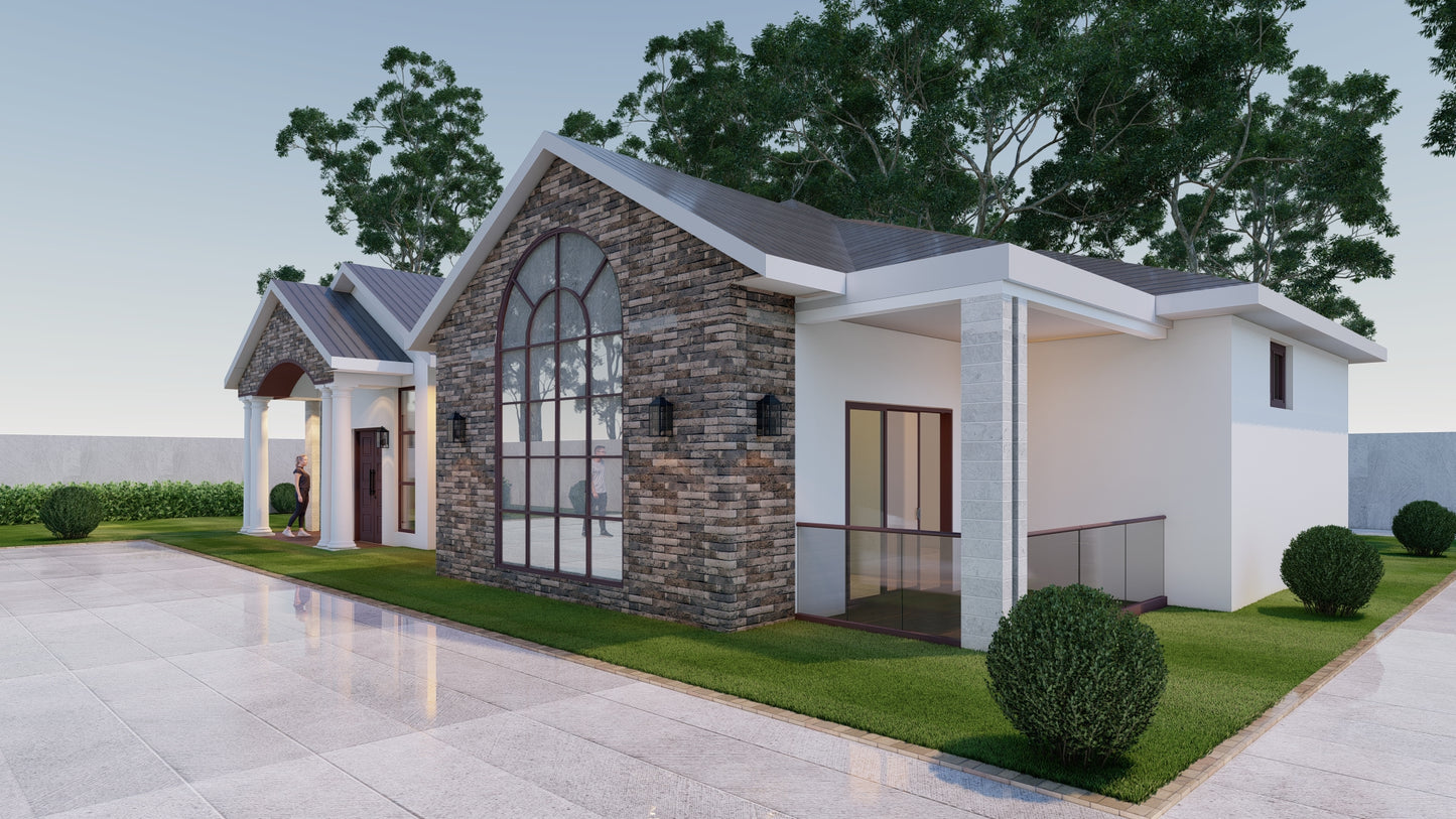 Three Bedroom Bungalow House Plans - Design Set with Foundation, Floor, and Elevation Plans