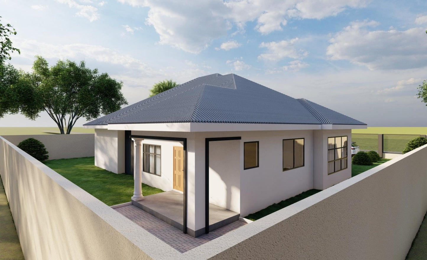 Three Bedroom Bungalow House Plans - Design Set with Foundation, Floor, and Elevation Plans