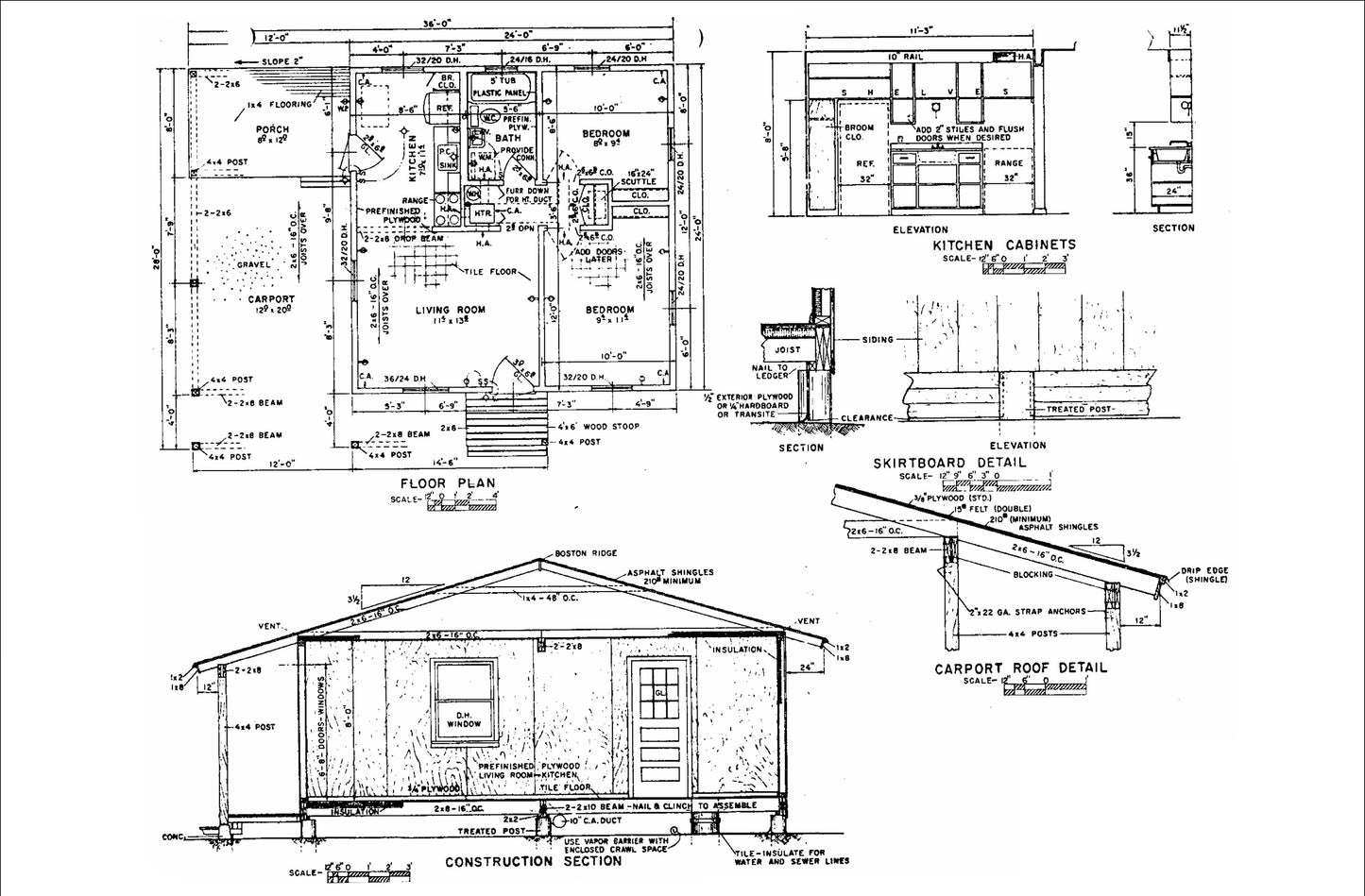 24x24 Tiny Home Cabin Building Plans – 2 Bedrooms, Living Room, Kitchen, Bath, Porch & Carport – Drawings