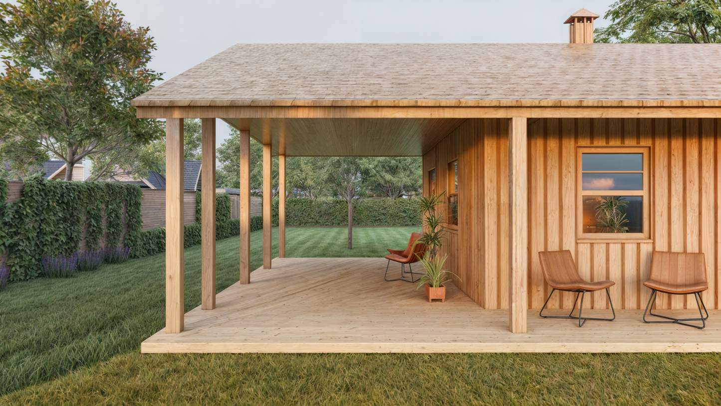 24x24 Tiny Home Cabin Building Plans – 2 Bedrooms, Living Room, Kitchen, Bath, Porch & Carport – Drawings