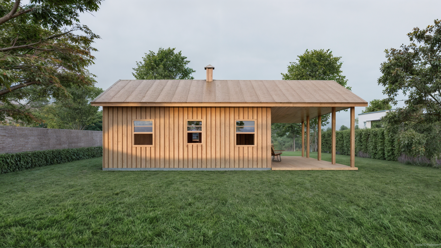 24x24 Tiny Home Cabin Building Plans – 2 Bedrooms, Living Room, Kitchen, Bath, Porch & Carport – Drawings