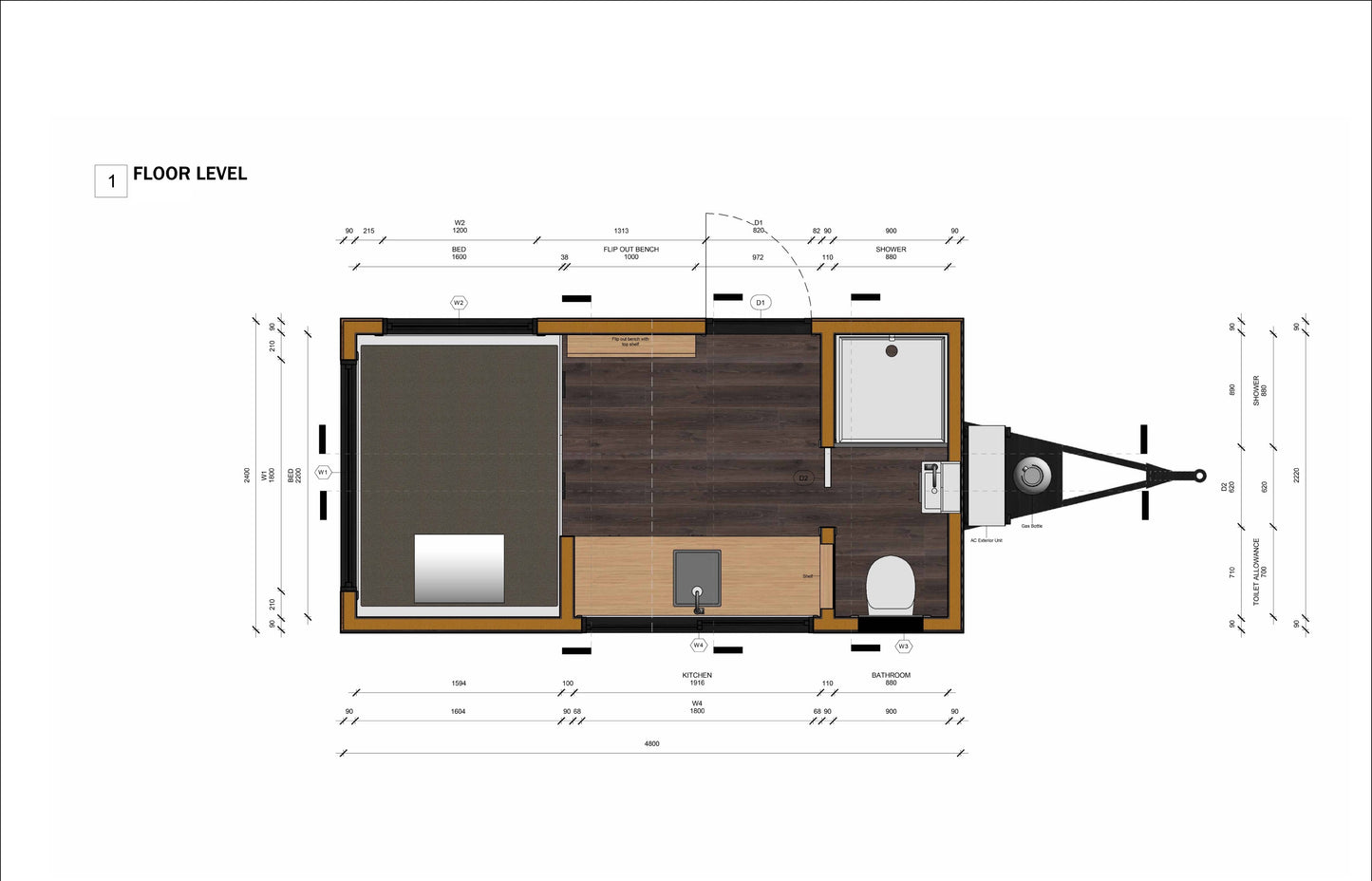 Tiny Home Plans on Wheels 115sqft - Mobile Living Design with 3D Visuals, Floor Plan Includes Bed, Kitchen, and Washroom