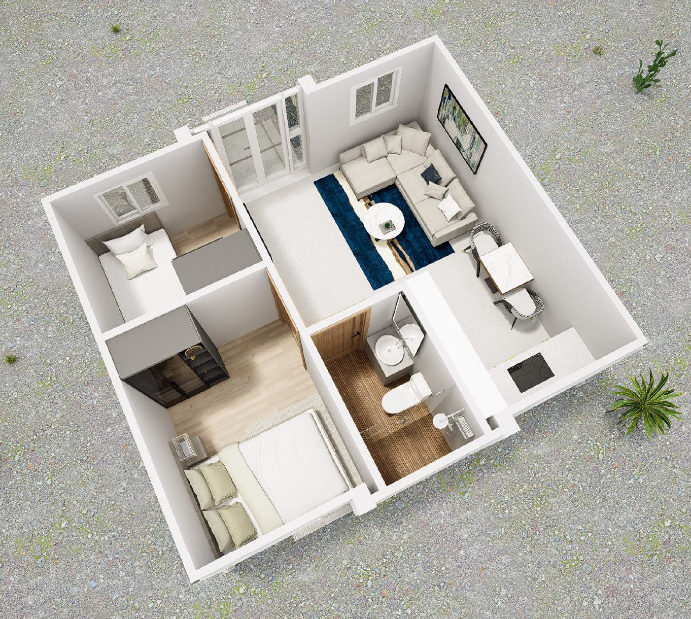 400sqft Tiny Home Plans with 2 Bedrooms, Living Room, Kitchen, Architectural Drawings and Utility Plans