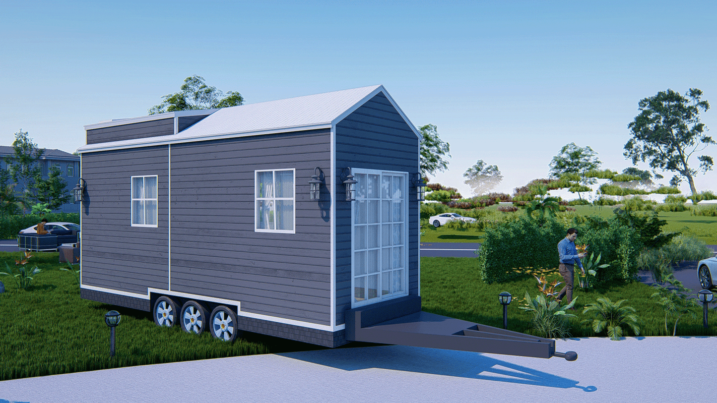 Tiny Mobile Home with Loft | 23.5'x8' | 188 Sq Ft | Living Area, Kitchen, Desk, Washroom, Mezzanine Bed | Plans