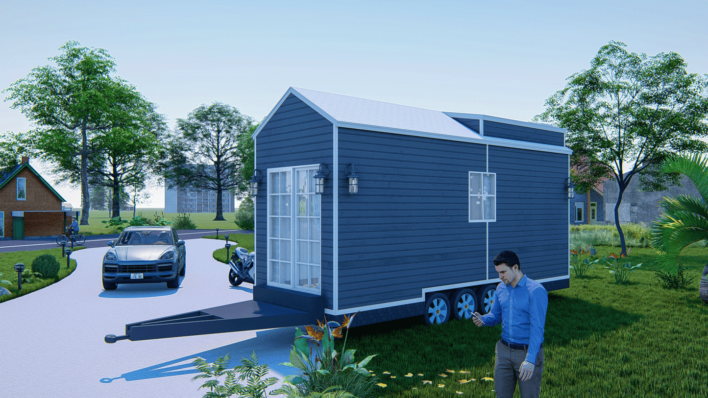 Tiny Mobile Home with Loft | 23.5'x8' | 188 Sq Ft | Living Area, Kitchen, Desk, Washroom, Mezzanine Bed | Plans