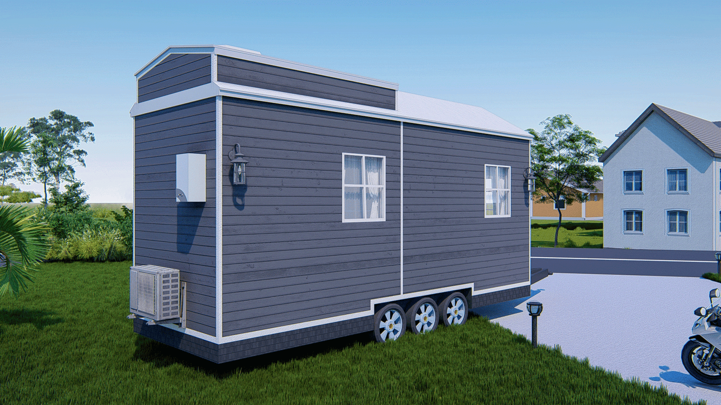 Tiny Mobile Home with Loft | 23.5'x8' | 188 Sq Ft | Living Area, Kitchen, Desk, Washroom, Mezzanine Bed | Plans