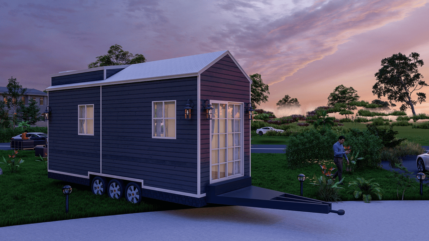 Tiny Mobile Home with Loft | 23.5'x8' | 188 Sq Ft | Living Area, Kitchen, Desk, Washroom, Mezzanine Bed | Plans