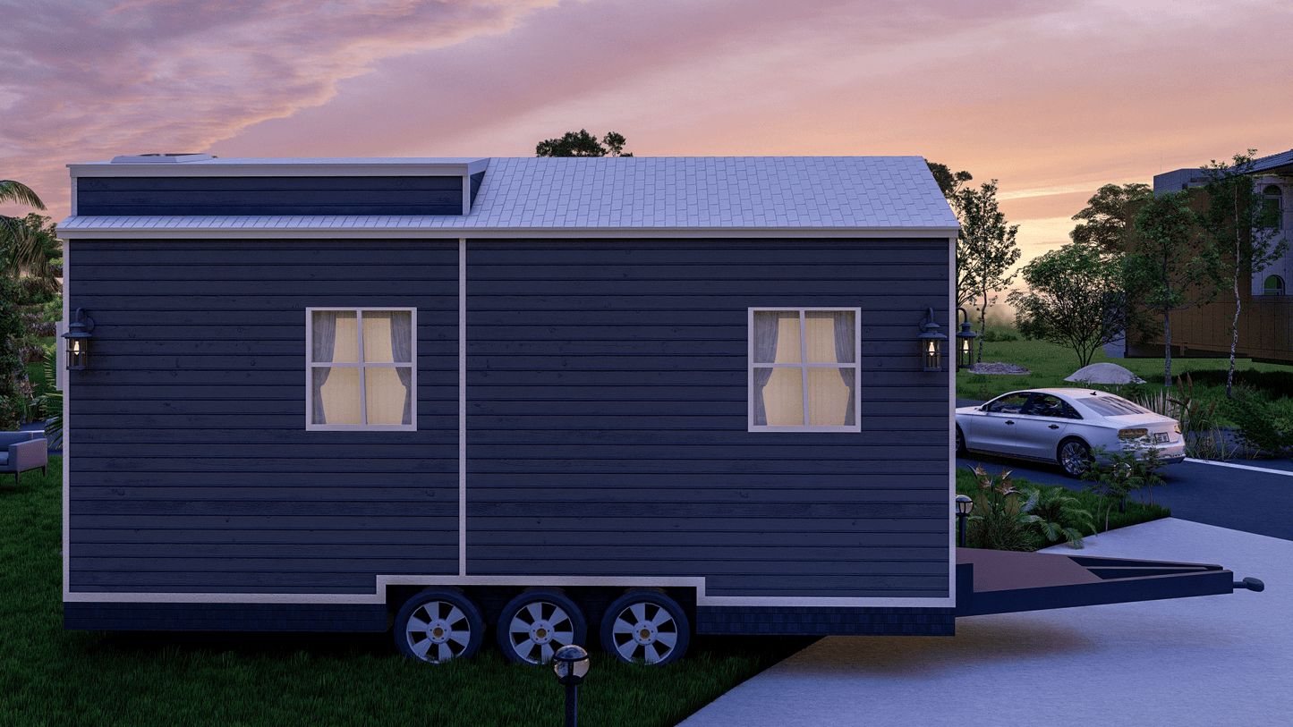 Tiny Mobile Home with Loft | 23.5'x8' | 188 Sq Ft | Living Area, Kitchen, Desk, Washroom, Mezzanine Bed | Plans
