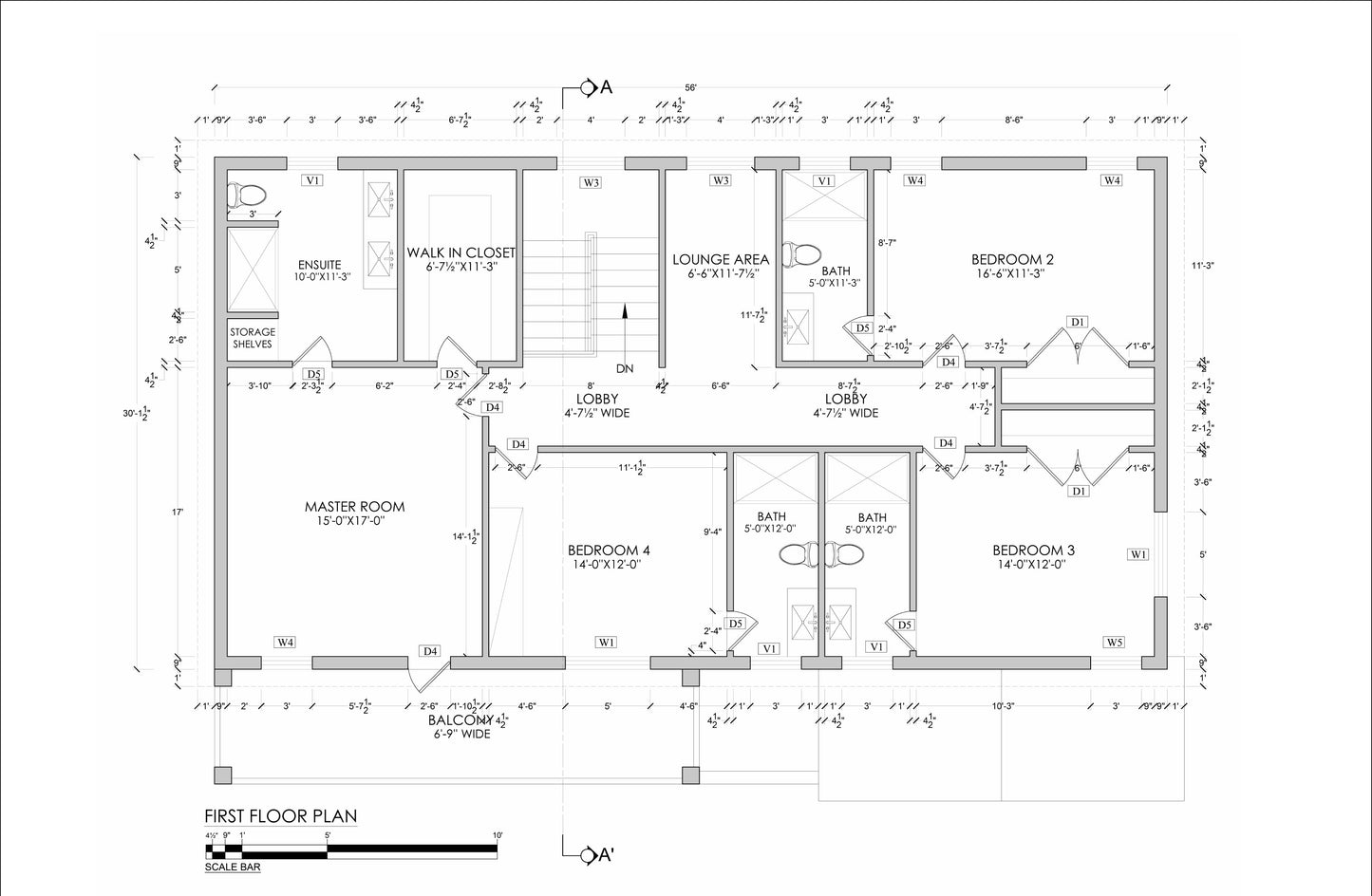 Two-Story 6 Bedroom House Plan – 56x37’ – Includes Floor Plans, Roof Plan, Elevations, & Schedules – Ideal for Your Future Home