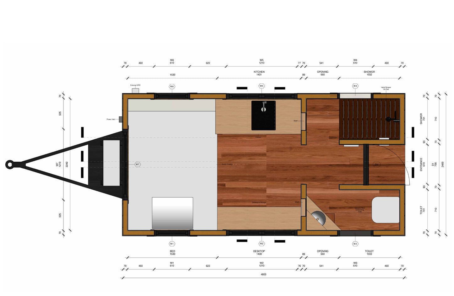 Wood Construction Tiny Mobile Home Design Plans - 15'9" x 7'10" - 124sqft