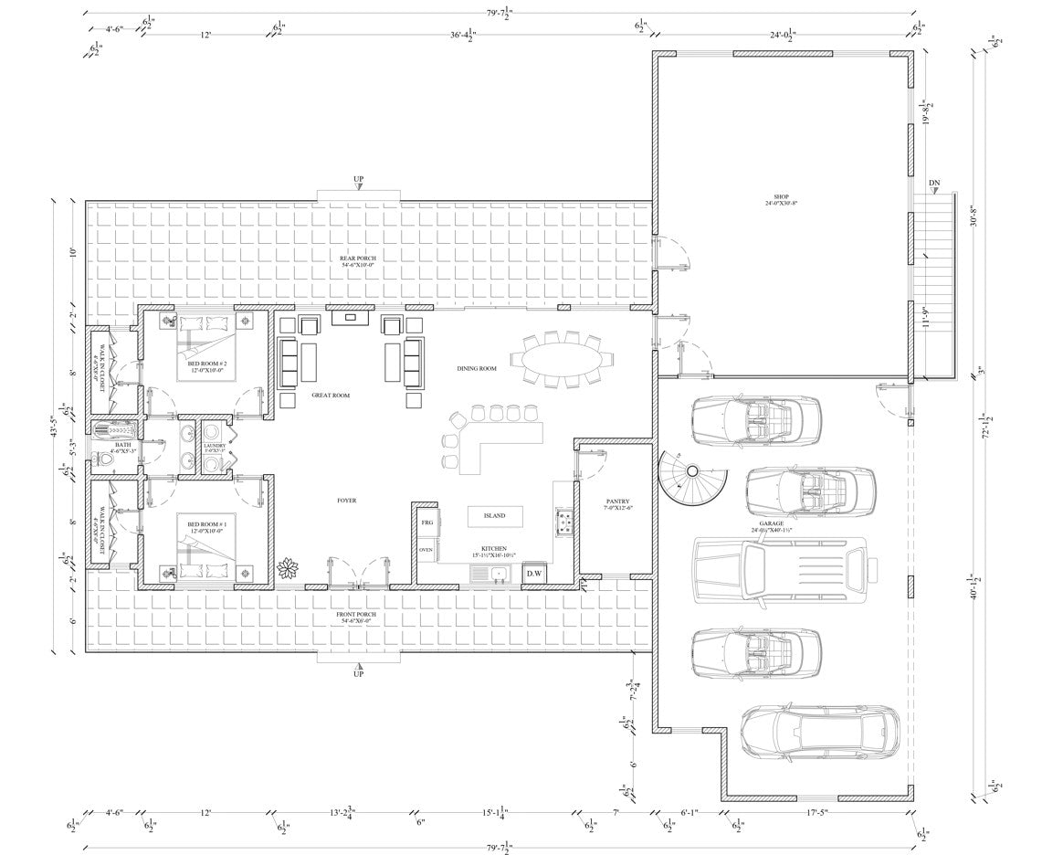 Plans for a 2 Bedroom Home with 5-Car Garage, Workshop, Attic Room, and Basement - Blueprint Package