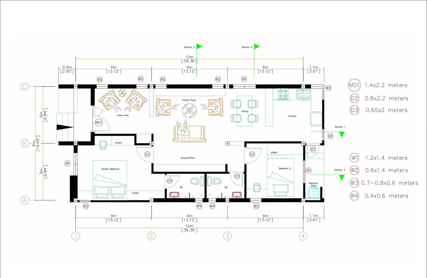 12x6m Modern Tiny Home Blueprints - Two Bedrooms, Two Washrooms, Kitchen, Dining & Living Areas