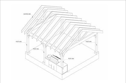 15’x16’ Cedar Canopy DIY Plans – Includes Post Layout, Elevations, 3D Views, Roof Framing