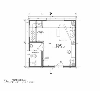 16x16' Studio Tiny Home Shed Building Plans with Floor Plan, Electrical, Elevations, Roof & Foundation Plan, and Construction Details
