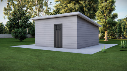 16x16' Studio Tiny Home Shed Building Plans with Floor Plan, Electrical, Elevations, Roof & Foundation Plan, and Construction Details