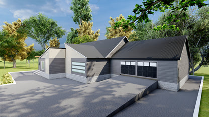 Plans for 2-Bedroom House, Attached Garage – Open Kitchen, Dining & Living Area, Washroom, Laundry – Floor Plan, Elevations, Roof Plan, Foundation Plan