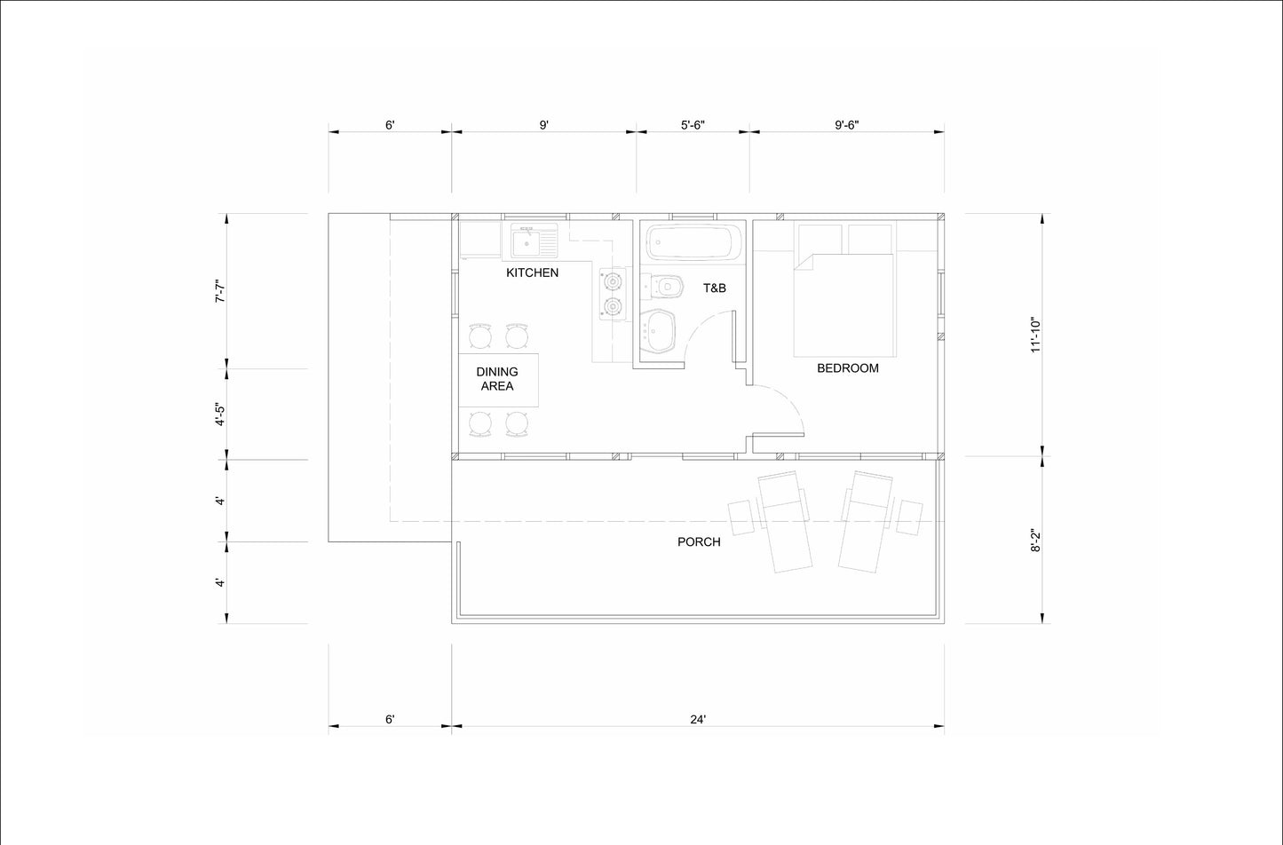 20' x 30' Wood Cabin Building Plans – Spacious Layout, Porch, Bedroom, Kitchen, Bathroom