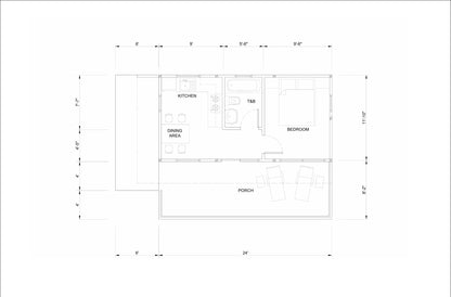 20' x 30' Wood Cabin Building Plans – Spacious Layout, Porch, Bedroom, Kitchen, Bathroom