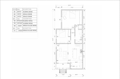 23x52’ Tiny Home Plans – 2 Bedrooms, 1 Bath – Includes Floor Plan, Elevations, Roof and Foundation Details, Electrical and Plumbing Plans