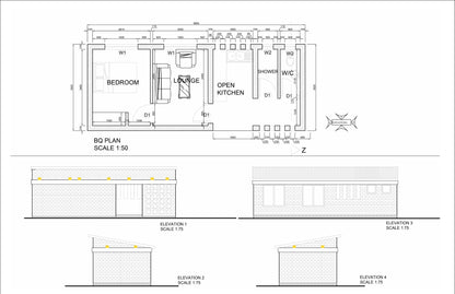 One Bedroom Tiny Home Building Plans - 32'x13' with 416sqft Living Space