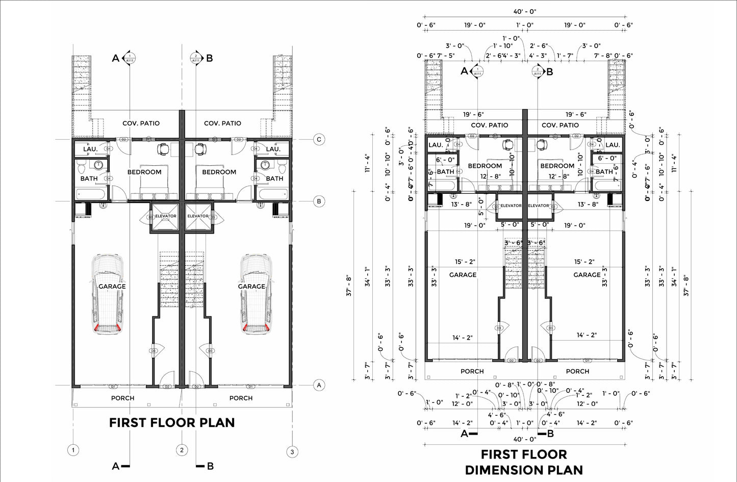 40'x55' Duplex Design Plans | 4304 Sqft Rentable Area | 2 Units w/Garages, Elevators & Balconies