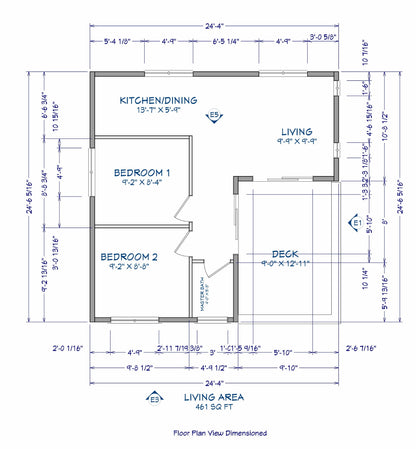 460sqft Two Bedroom Tiny Home ADU Design Plans – Floor Plan, Elevations, Door & Window Schedule