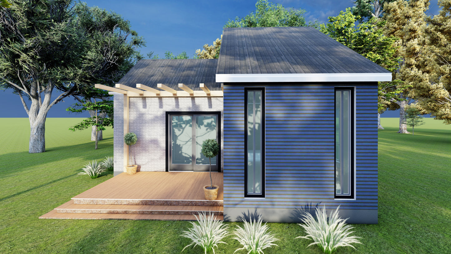 460sqft Two Bedroom Tiny Home ADU Design Plans – Floor Plan, Elevations, Door & Window Schedule