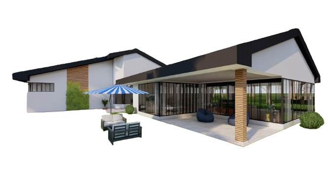 4 Bedroom House Design Plans – Primary Ensuite, 2 Washrooms, Office, Kitchen, Dining, Living Room
