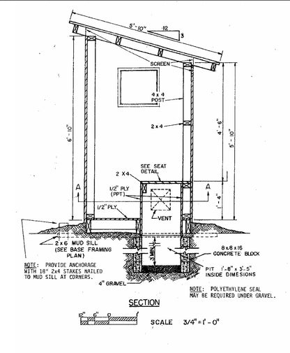 4x4’ Outhouse Wood Construction Plans - Floor Plan, Framing Design, Section, and Seat Detail