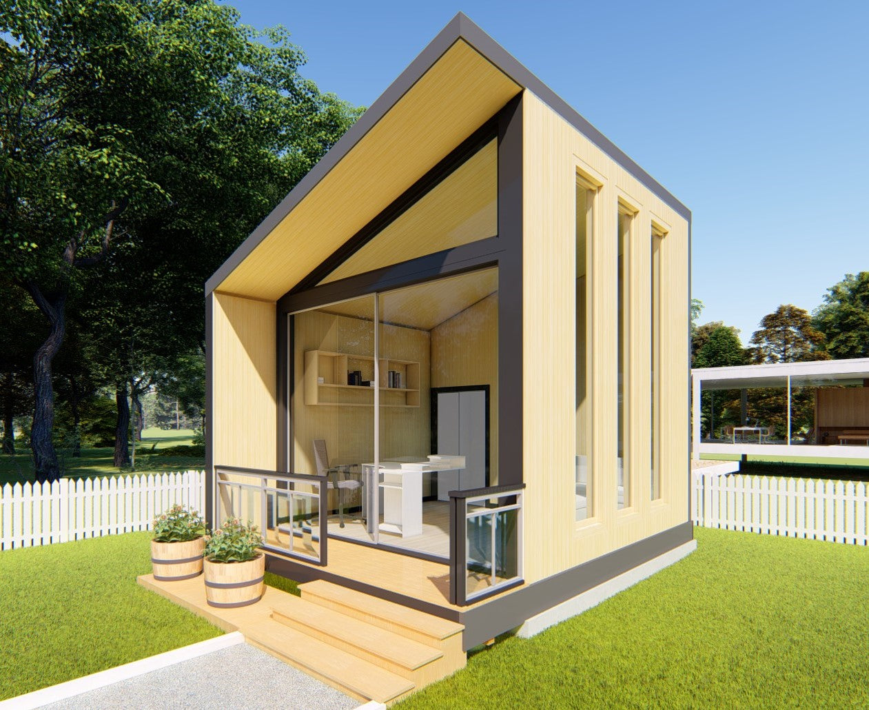 4x5m Mini Office Pod Plans - Compact Design with Seating Area, Desk, and Storage Room