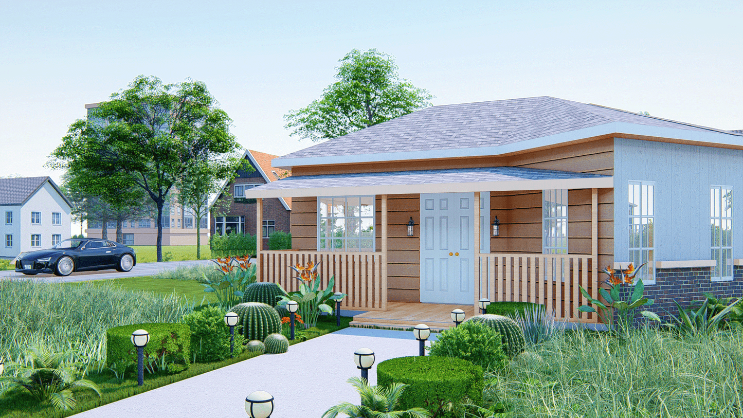522 Sq Ft 2-Bedroom Tiny Home Design Plans with Porch, Kitchen & Shared Washroom - Floor Plans, Elevations, Roof and Foundation