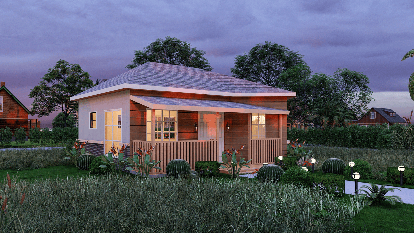522 Sq Ft 2-Bedroom Tiny Home Design Plans with Porch, Kitchen & Shared Washroom - Floor Plans, Elevations, Roof and Foundation