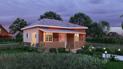 522 Sq Ft 2-Bedroom Tiny Home Design Plans with Porch, Kitchen & Shared Washroom - Floor Plans, Elevations, Roof and Foundation