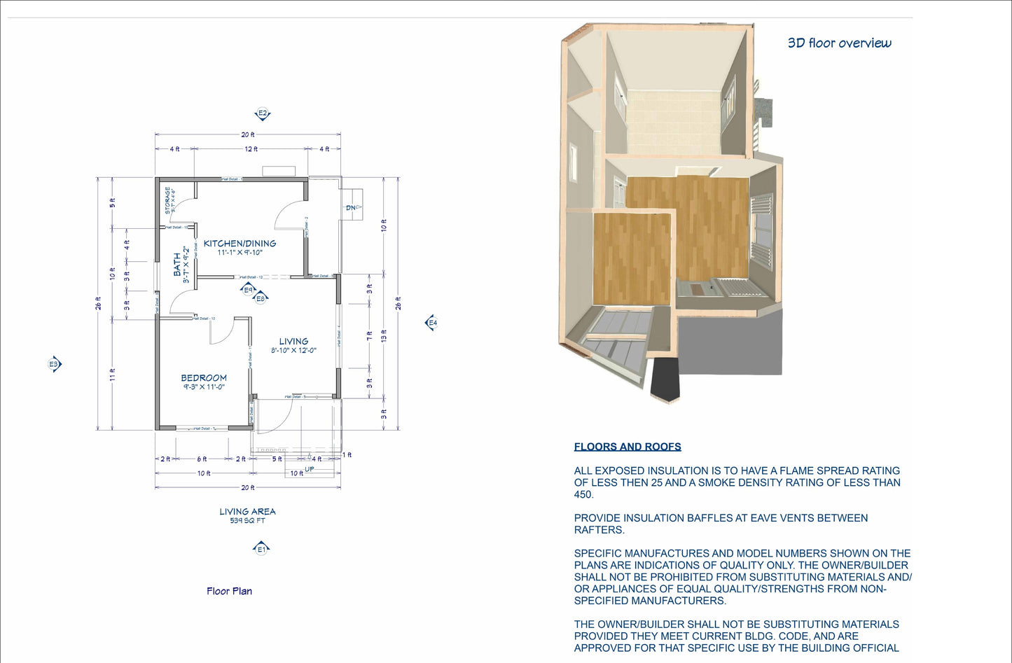 539 SqFt Micro Tiny House One Bedroom Building Plans - Detailed Design with Kitchen and Bath