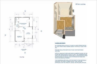 539 SqFt Micro Tiny House One Bedroom Building Plans - Detailed Design with Kitchen and Bath