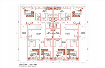 55'x46' Duplex Residential Building Plans - 2 Units, 3 Bedrooms Each