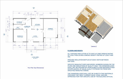 651 Sq Ft 1-Bedroom Home Plans with Attached Garage – Floor Plan, Elevations, Roof Plan, and Foundation Plan