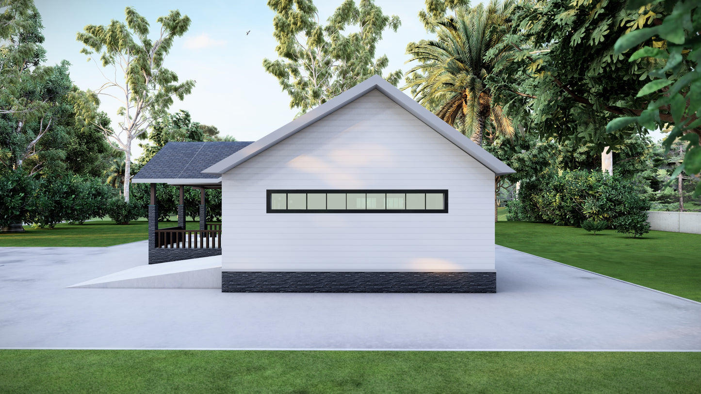 651 Sq Ft 1-Bedroom Home Plans with Attached Garage – Floor Plan, Elevations, Roof Plan, and Foundation Plan